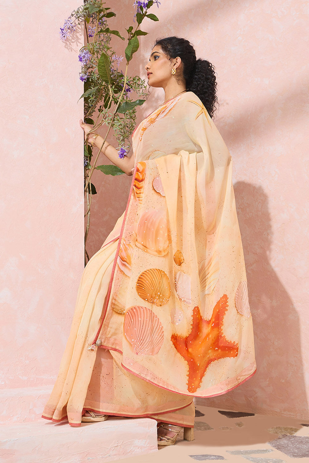 Orange Printed Embroidered Viscose Organza Saree image number null