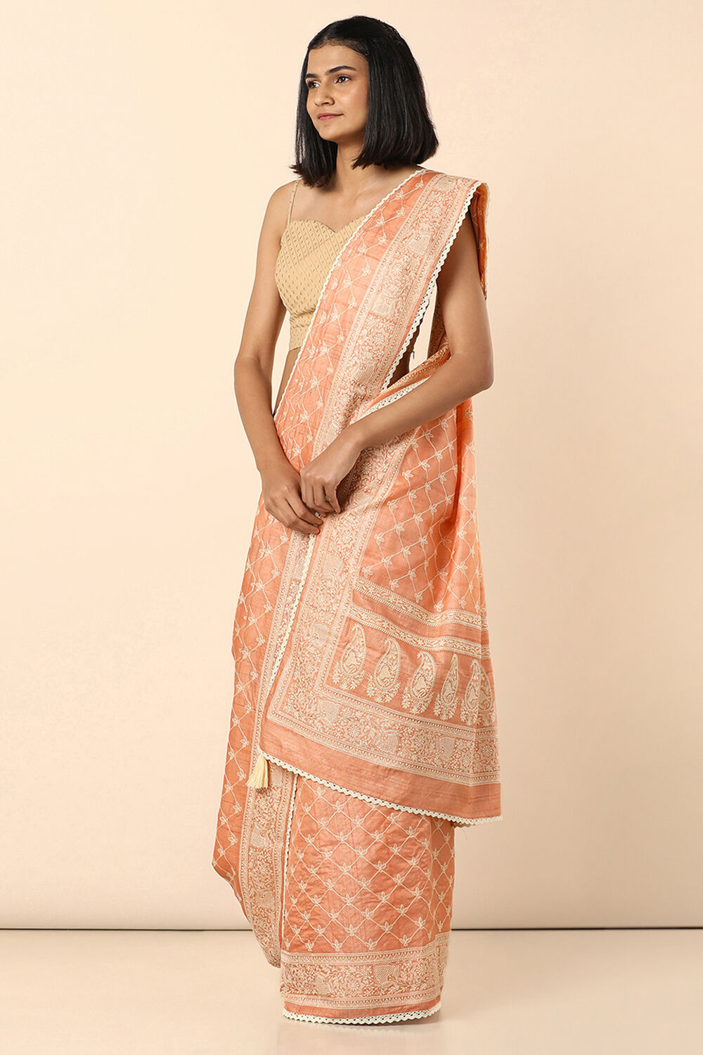 Light Orange Embroidered Pure Tussar Saree image number null
