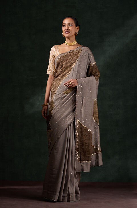 Grey Pure Silk Embroidered Saree