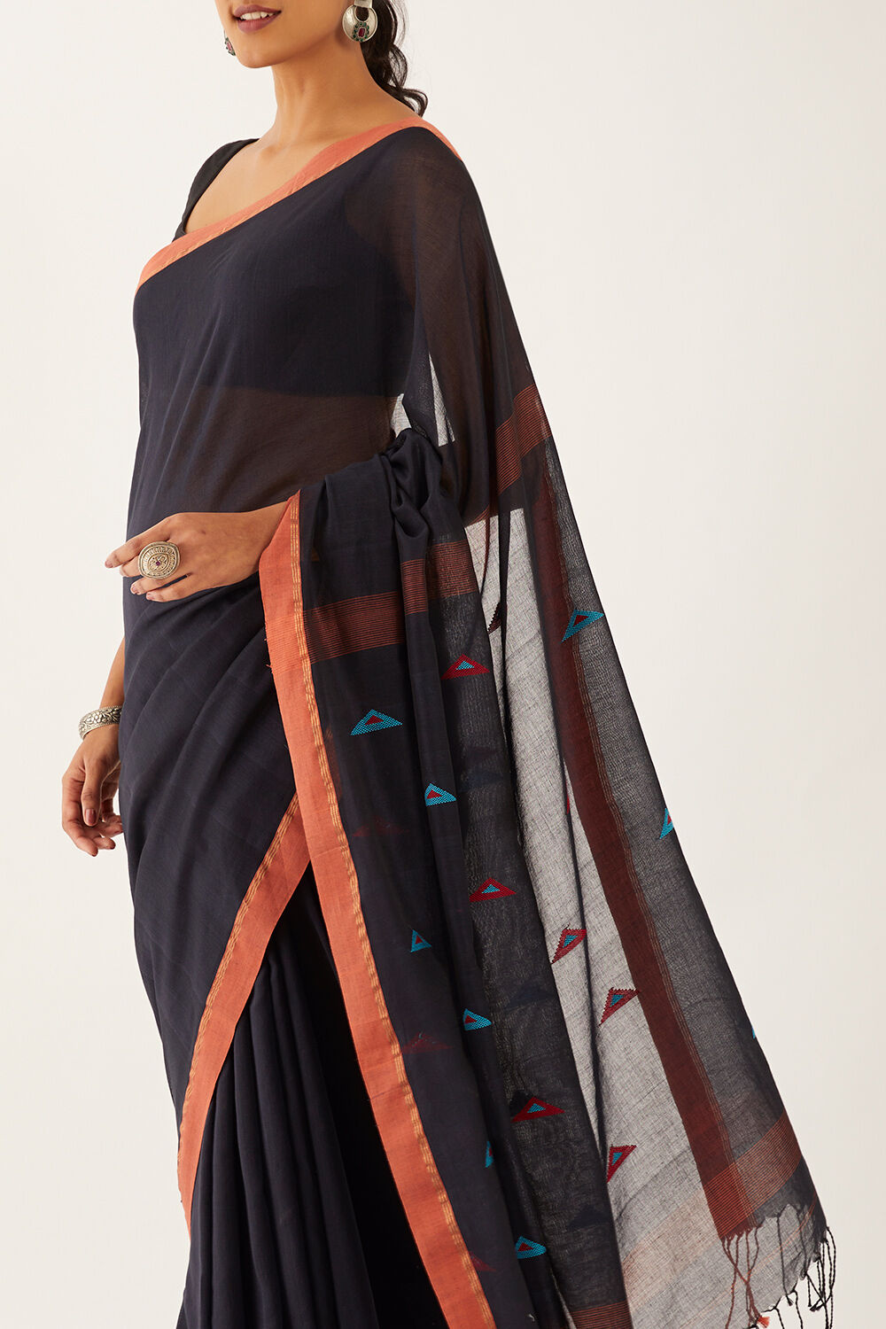 Black Pure Cotton Woven Bengali Saree image number null