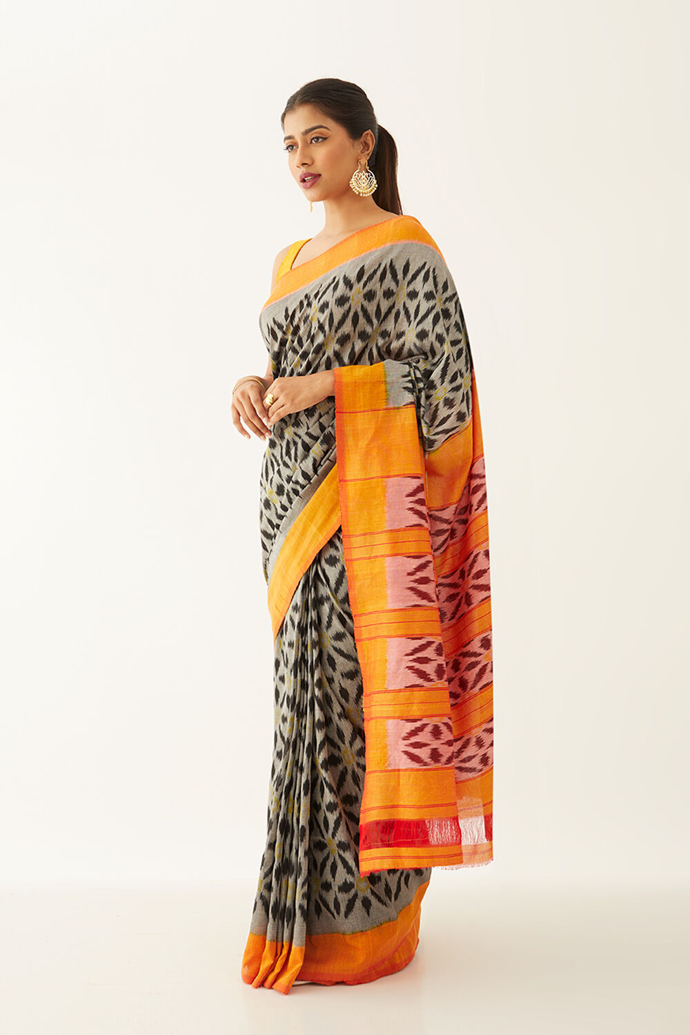 Grey Pure Cotton Pochampalli Ikat Saree image number null