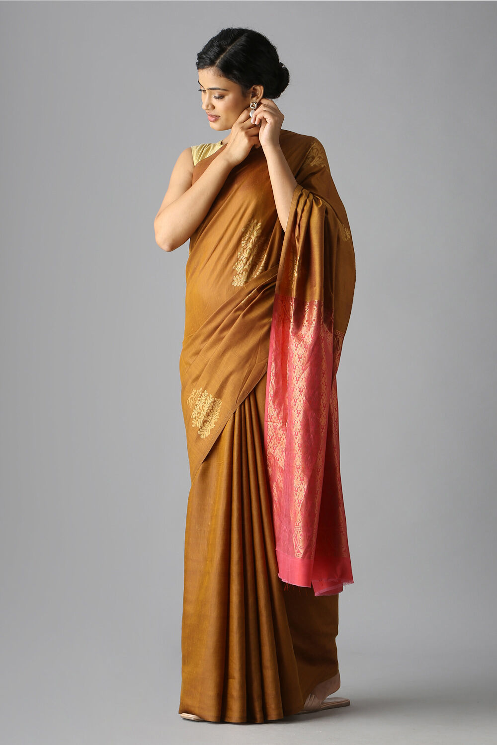 Brown Pure Silk Tencel South Saree image number null
