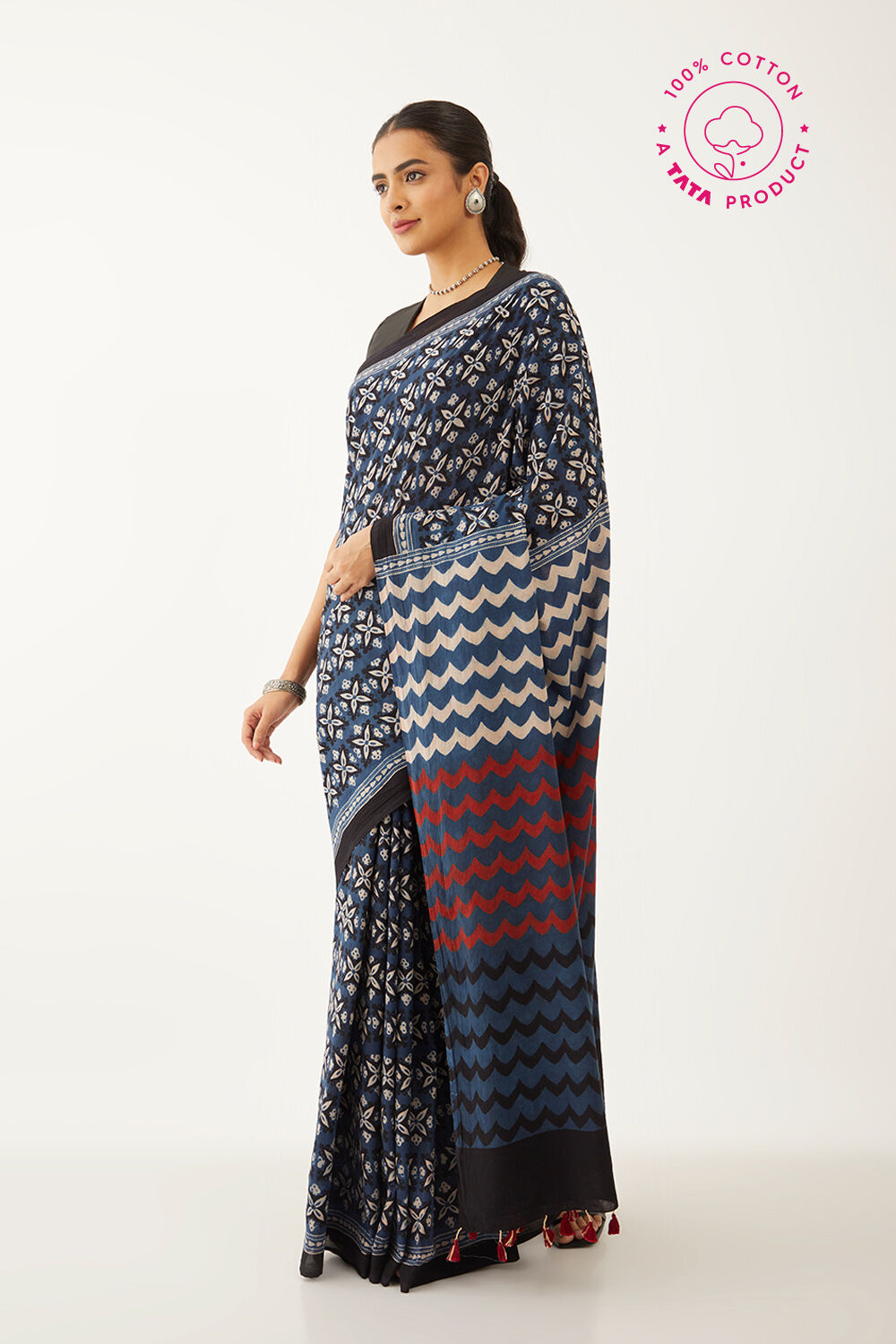 Blue Pure Cotton Ajrakh Block Print Saree image number null