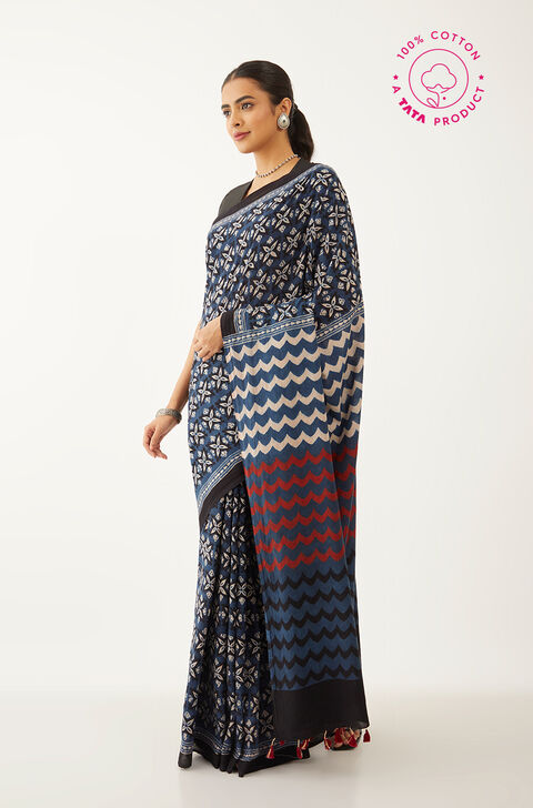 Blue Pure Cotton Ajrakh Block Print Saree