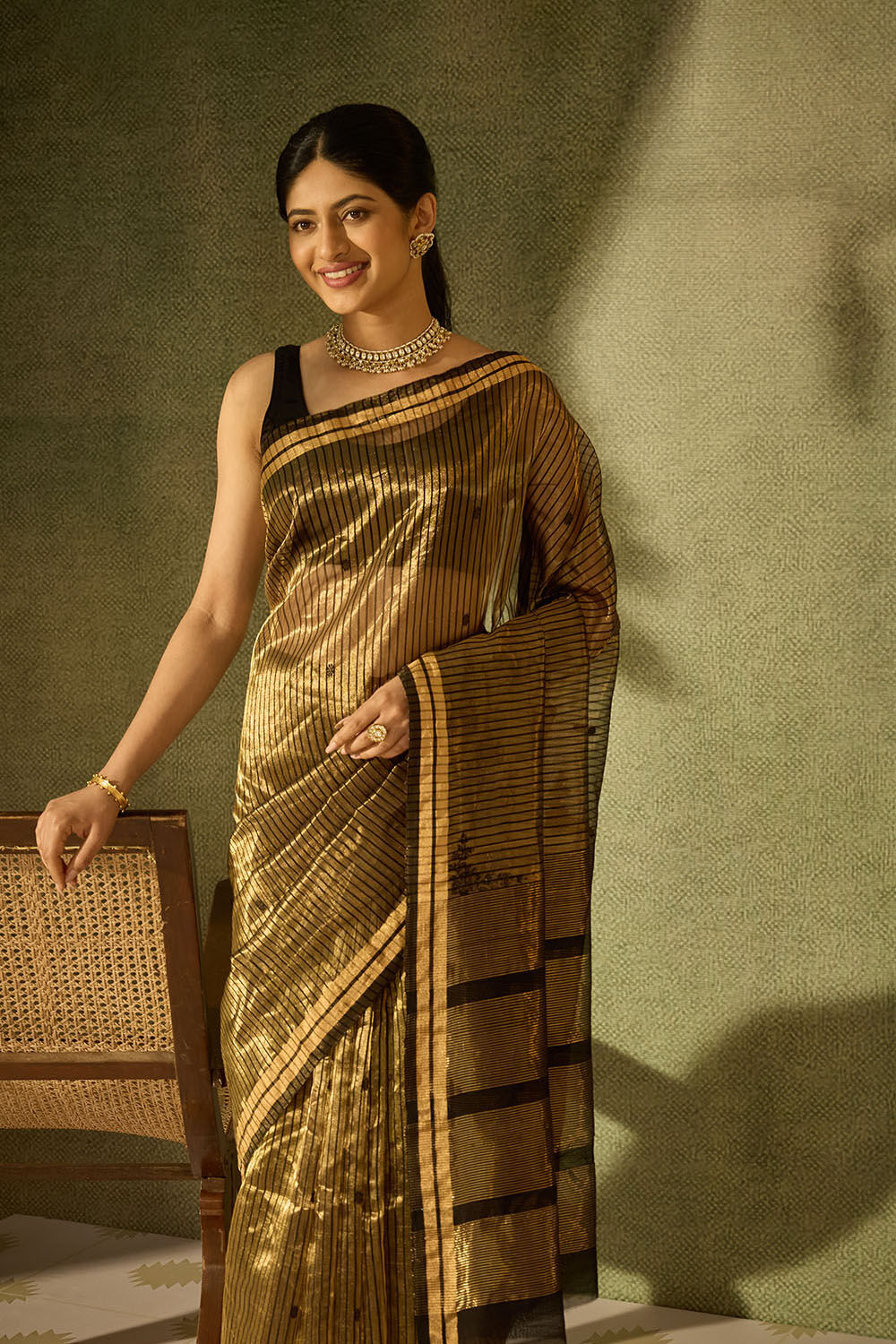 Black Woven Pure Silk Tissue Chanderi Saree image number null