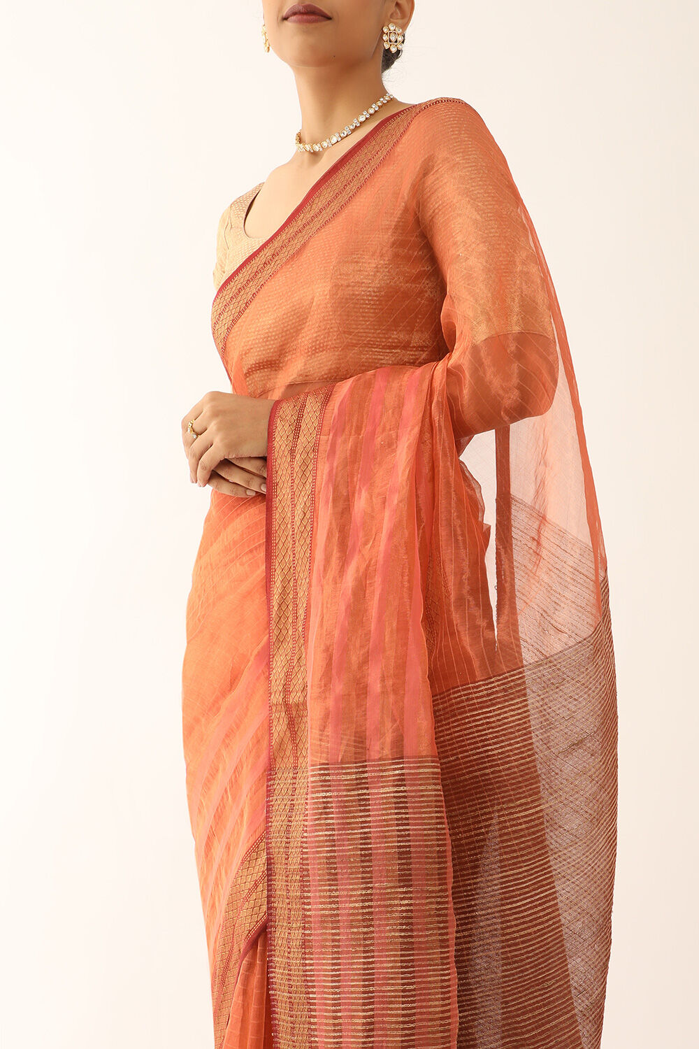 Orange Woven Pure Silk Tissue Maheswari Saree image number null