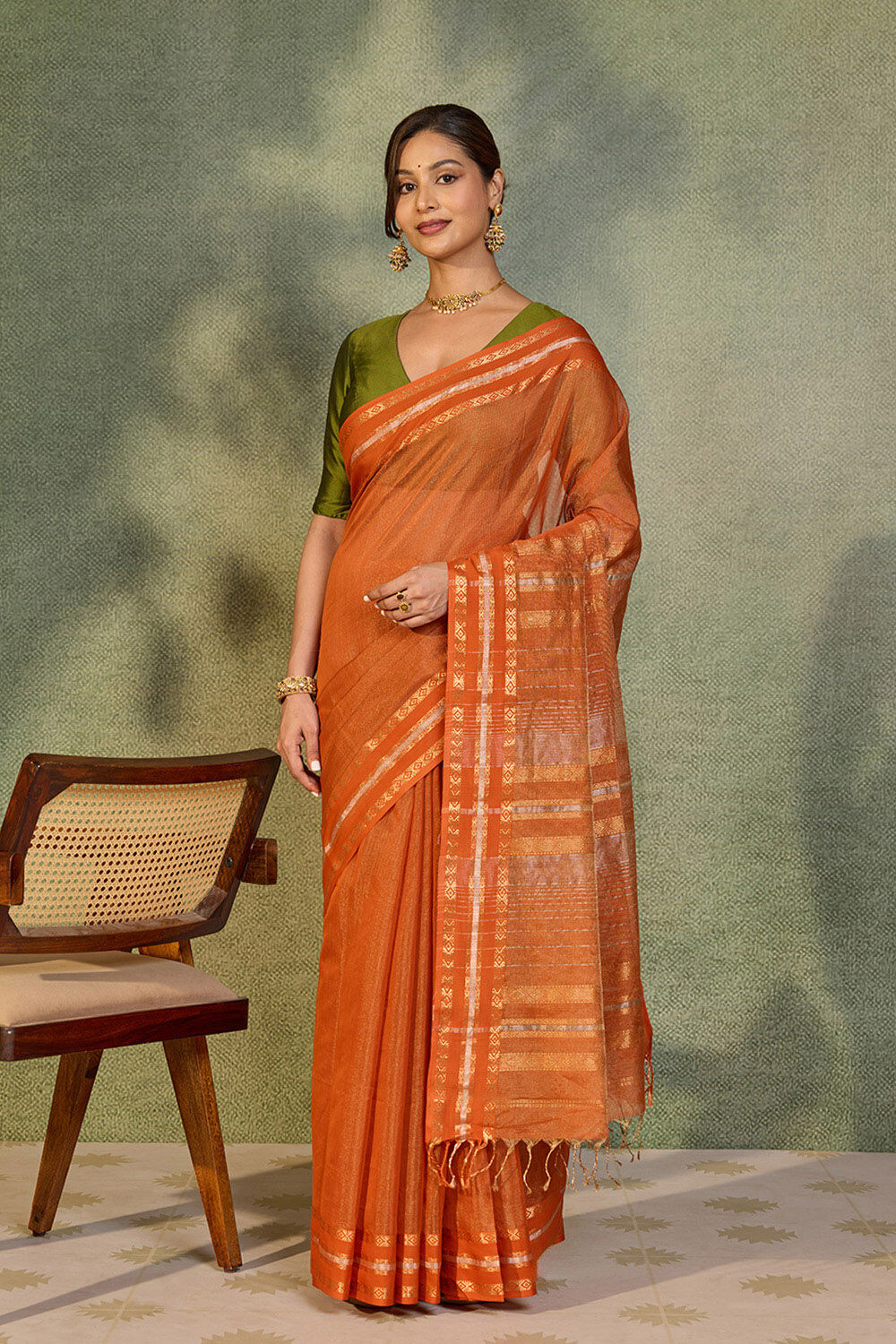 Dark Orange Woven Pure Tissue Cotton Maheshwari Saree image number null