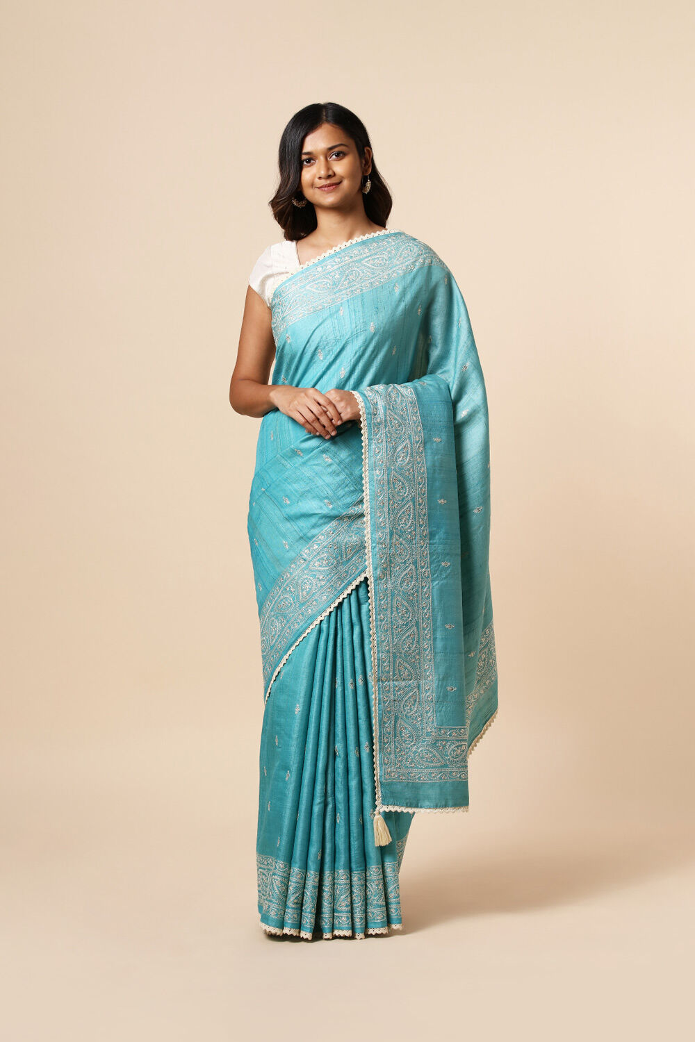 Light Pure Blue Tussar Embroidered Saree image number null