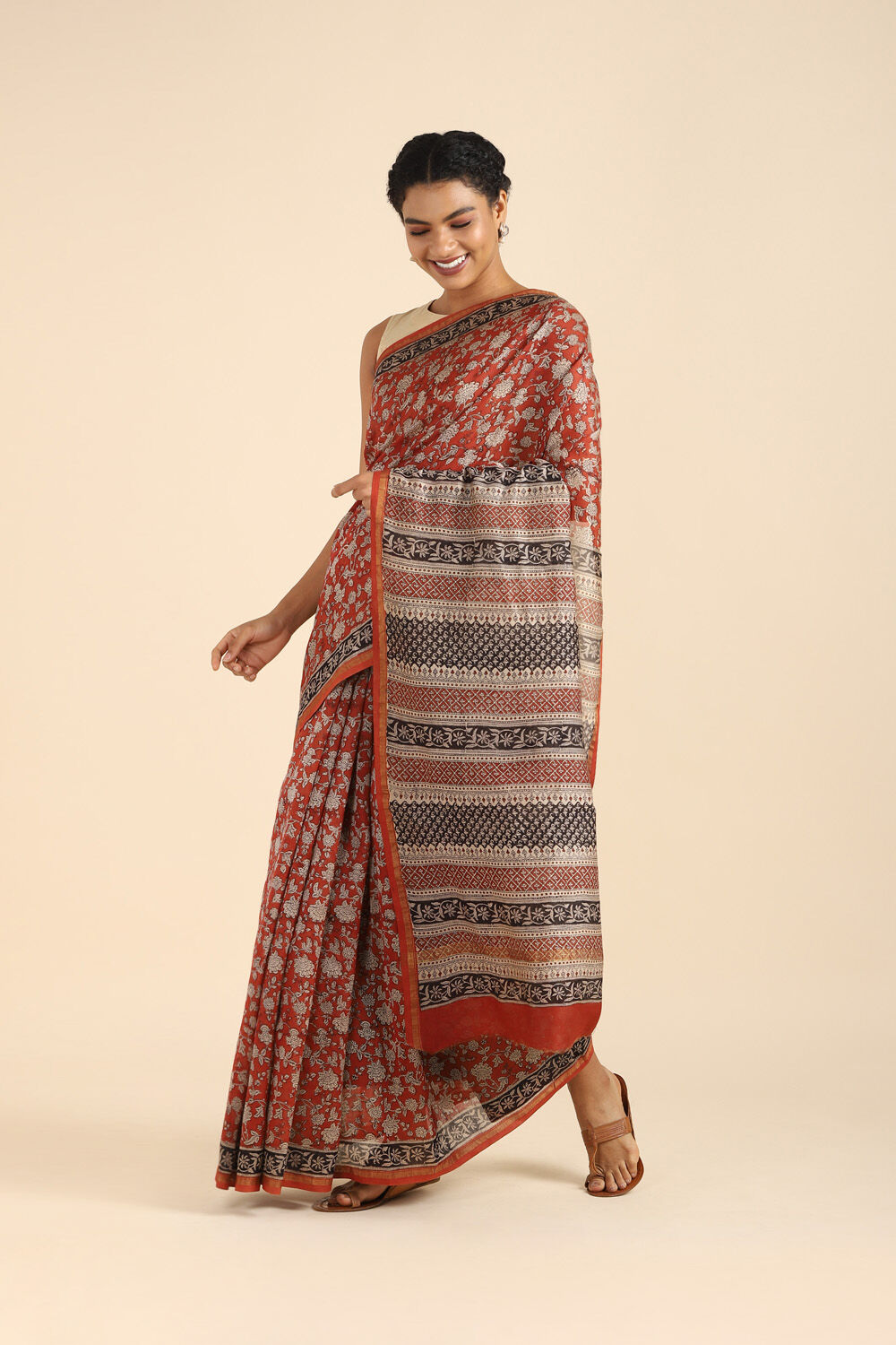 Red Pure Silk Cotton Bagru Printed Saree image number null