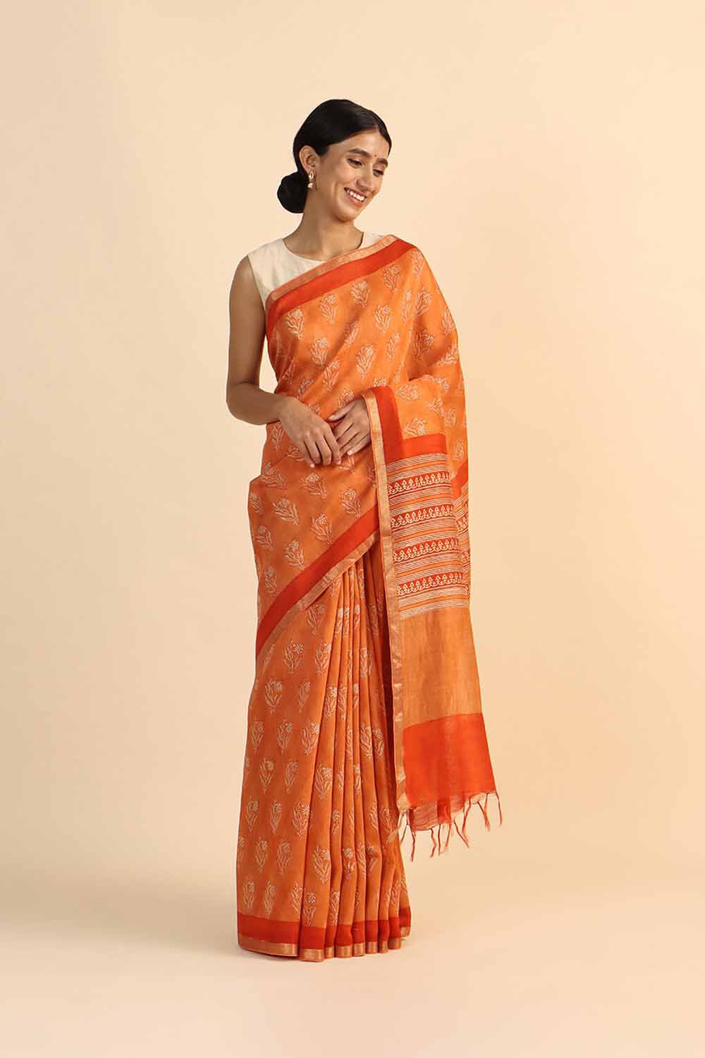Light Orange Pure Tussar Vanya Printed Saree image number null