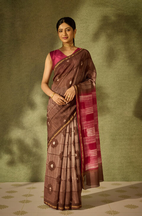 Brown Rajasthan Pure Silk Cotton Tie & Dye Shibori Saree