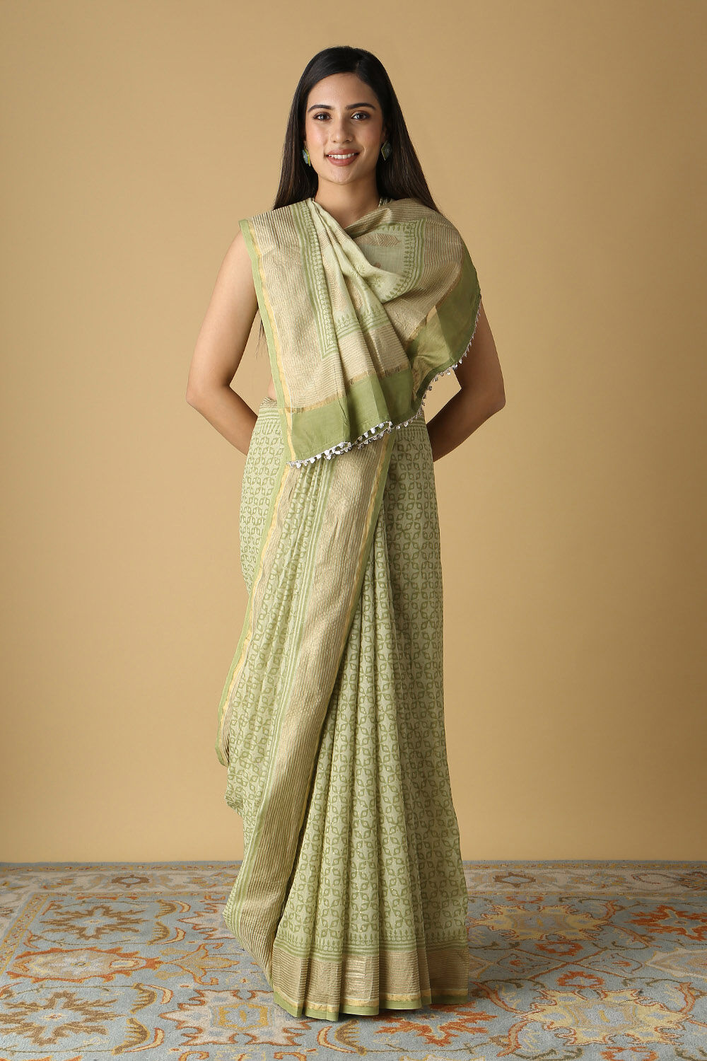 Green Silk Cotton Hand Printed Saree image number null