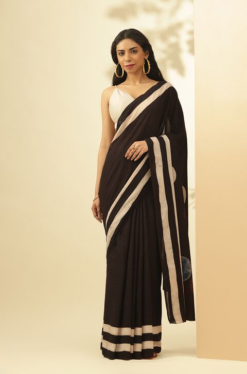 Black Gujarat Pure Silk Cotton Ajrakh Saree