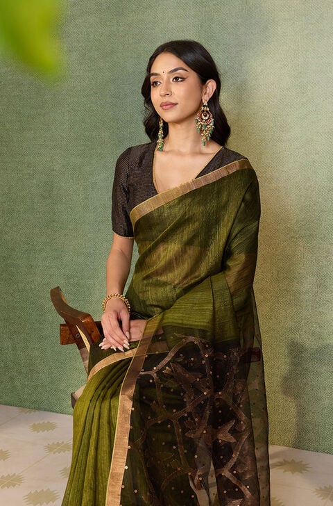 Dark Green Jamdani Pure Silk Vanya Bengal Saree