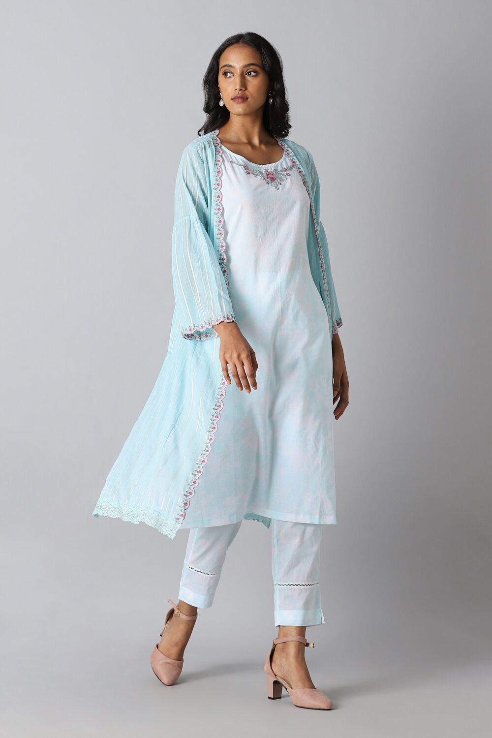 Light Blue Cotton Embroidered Kurta Set image number null