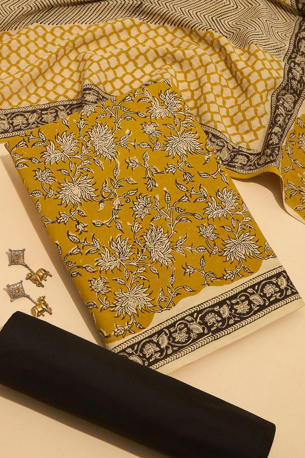 Dark Yellow Bagru Block Printed Pure Cotton Unstitched Suit Set image number null