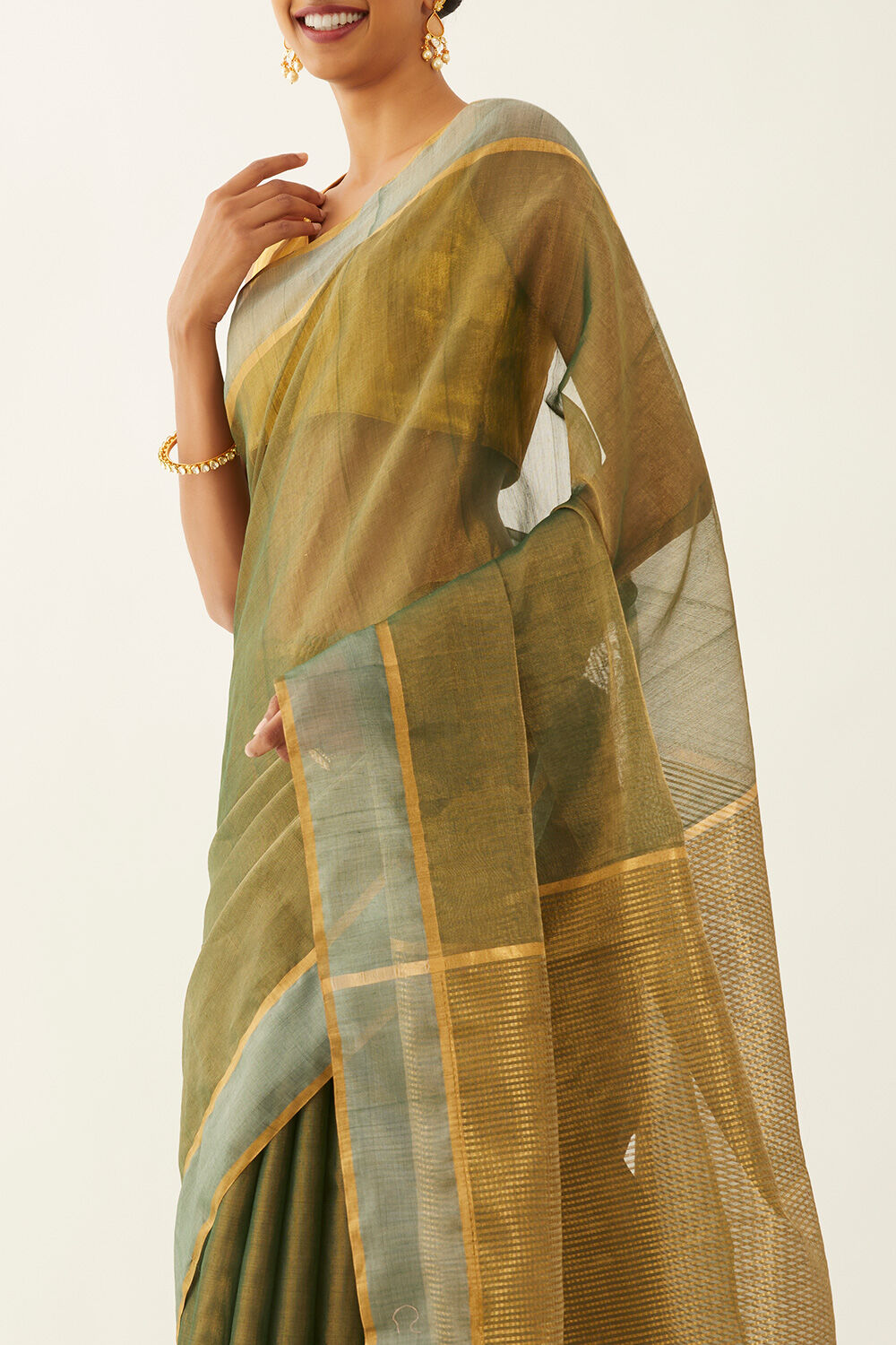 Dark Green Pure Cotton Tissue Chanderi Saree image number null
