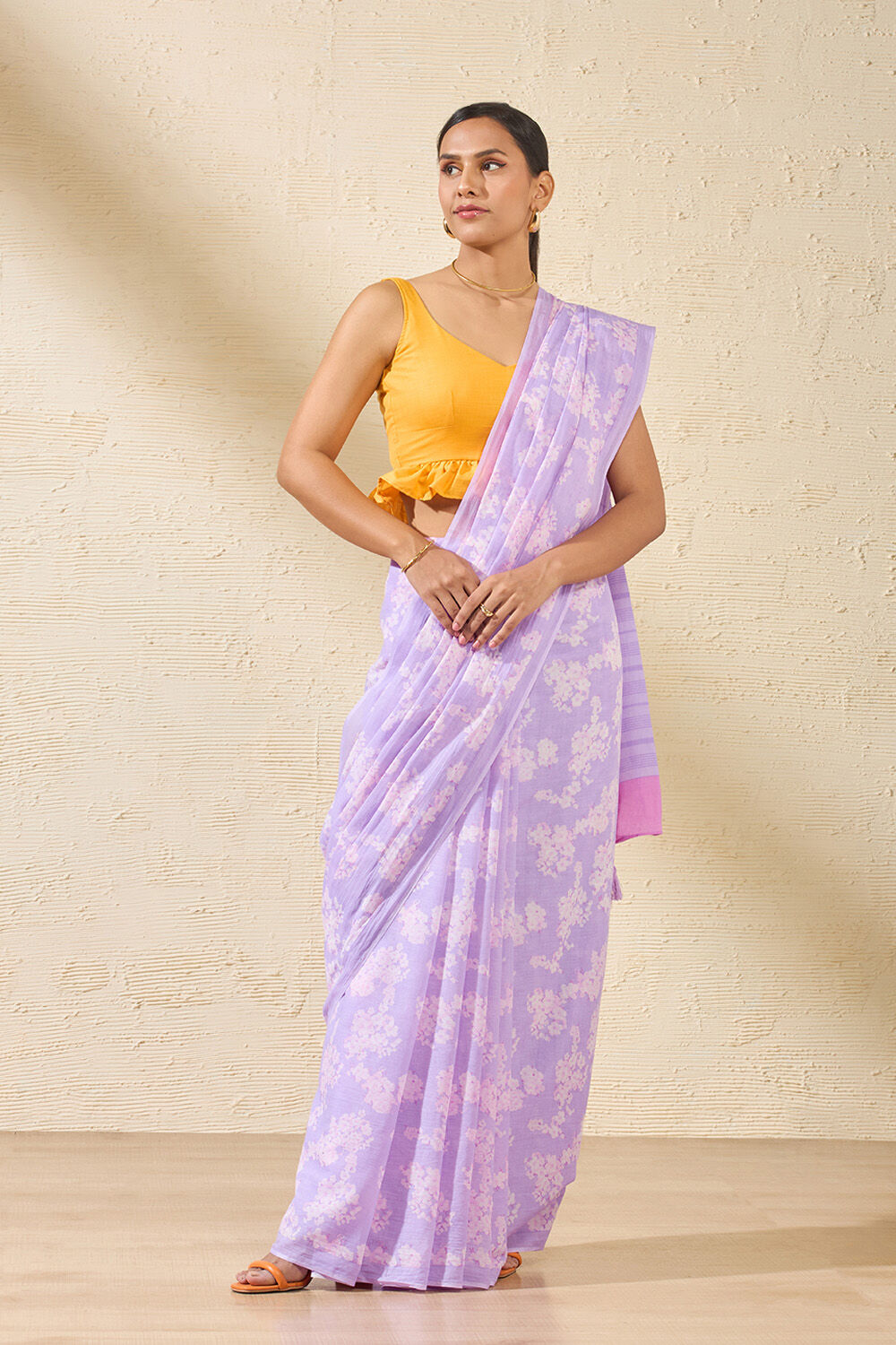 Purple Screen Printed Bengal Pure Mulmul Cotton Saree image number null