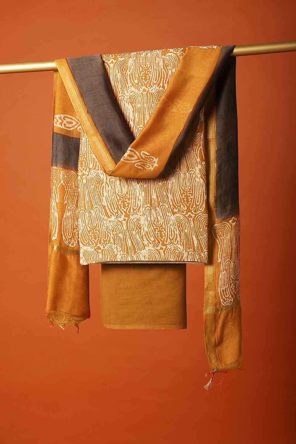 Yellow Silk Cotton Bagru Printed Unstitched Suit Set image number null