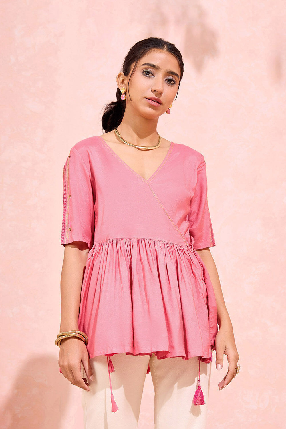 Light Pink Viscose Embroidered Short Top image number null