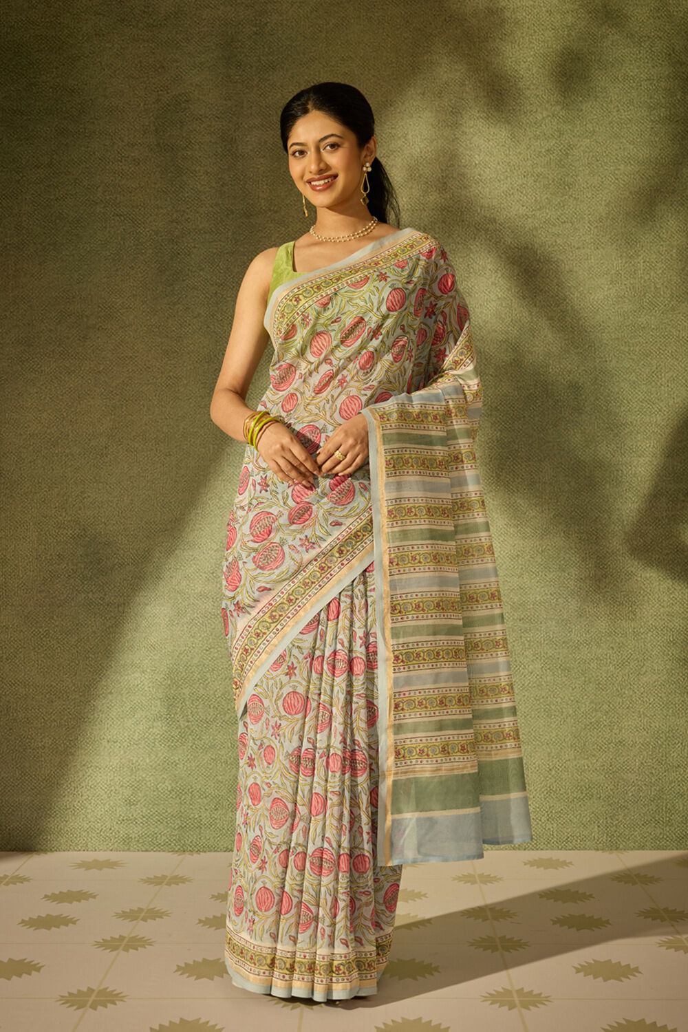 Light Blue Rajasthan Pure Silk Cotton Printed Sanganeri Saree image number null