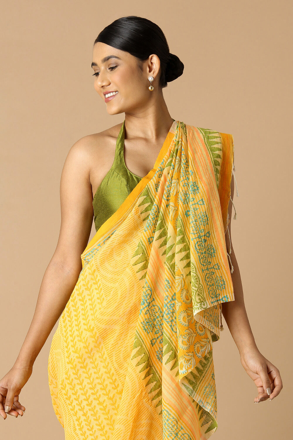 Yellow Pure Cotton Printed Saree image number null