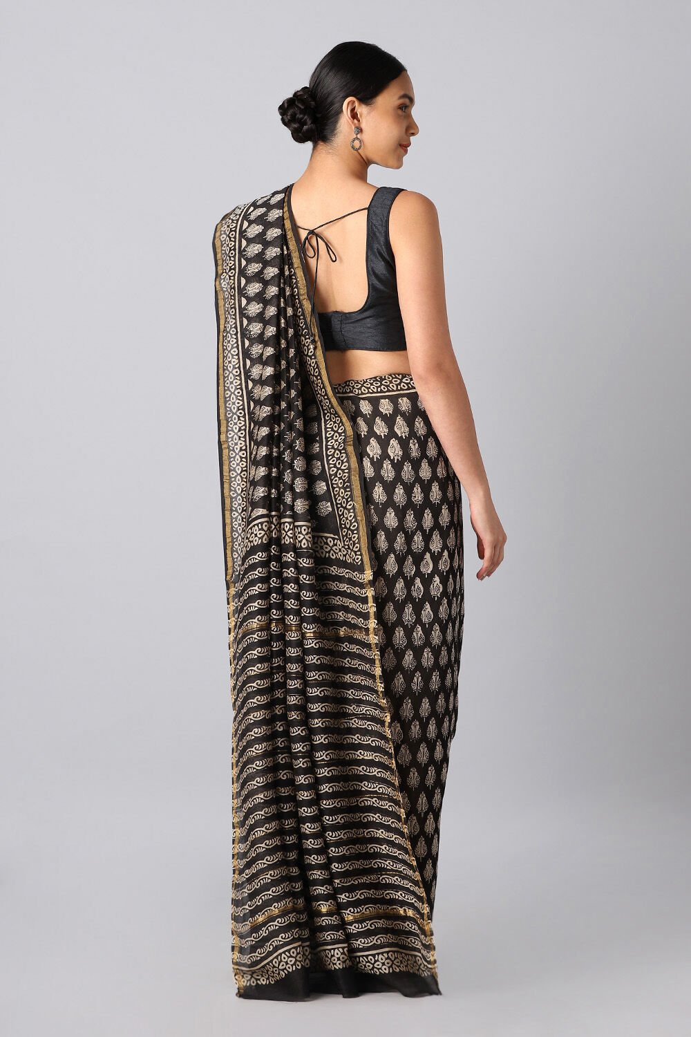 Black Pure Silk Cotton Bagru Printed Saree image number null