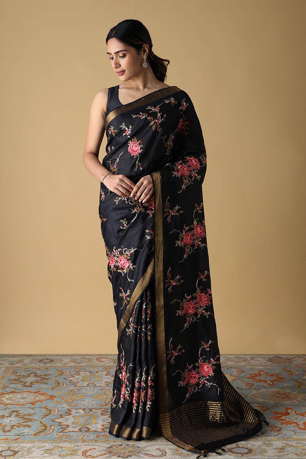 Black Pure Tussar Silk Embroidered Saree image number null