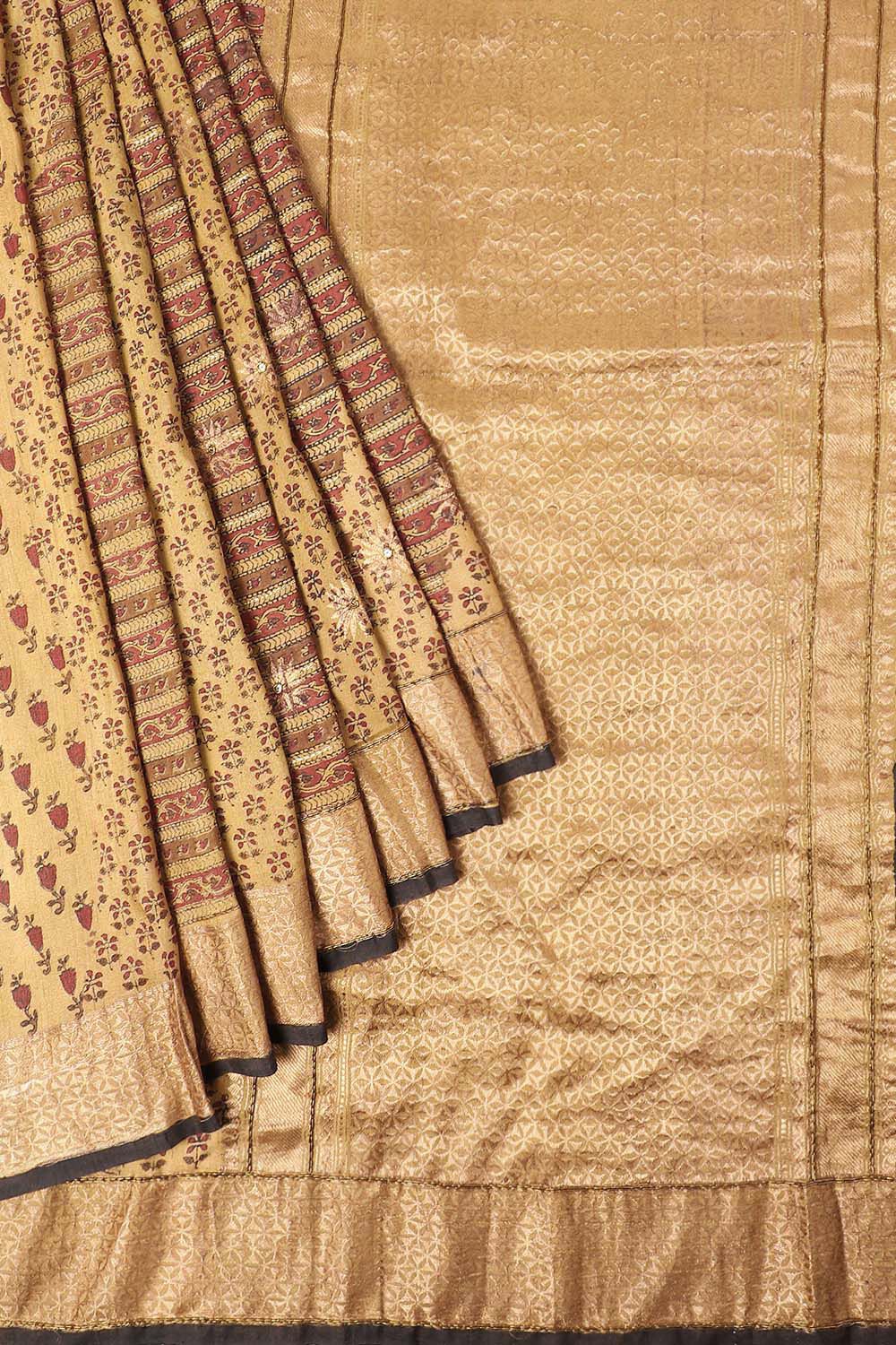 Beige Pure Silk Tussar Bagru Print and Zardosi Embroidered Saree image number null