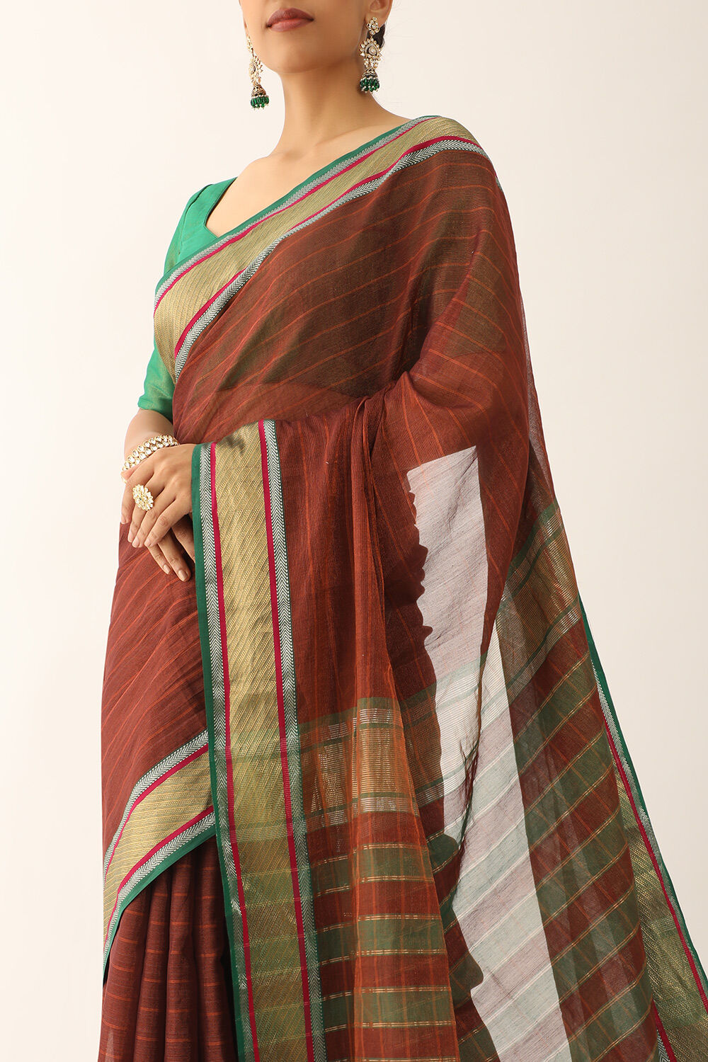 Brown Woven Pure Tissue Cotton Maheshwari Saree image number null