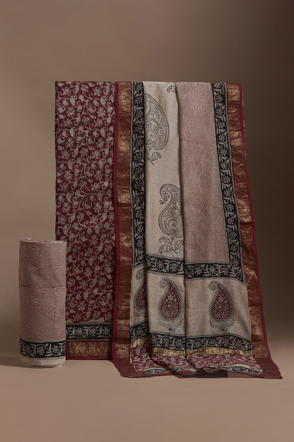 Dark Red Bagru Block Printed Pure Silk Cotton Suit Set image number null