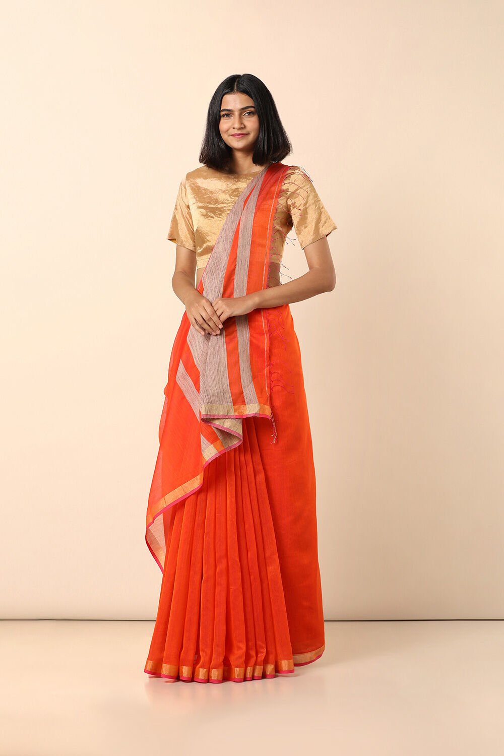 Orange Pure Silk Cotton Bengal Saree image number null
