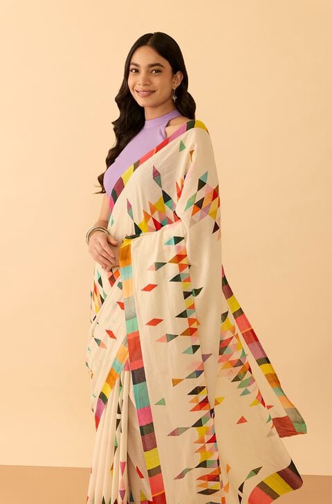 Off White Printed Pure Cotton Saree