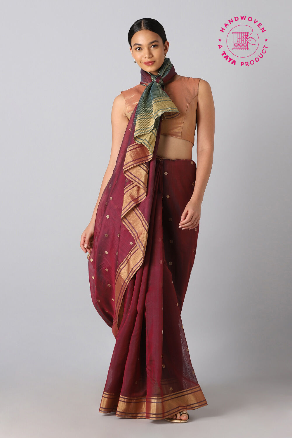Dark Red Pure Silk Cotton Chanderi Saree image number null