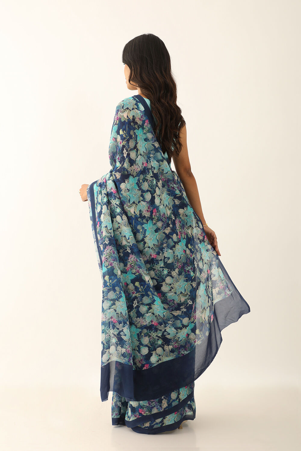 Blue Viscose Crepe Digital Print Saree image number null