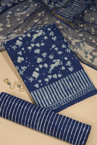 Dark Blue Pure Cotton Dabu Block Printed Unstitched Suit Set
