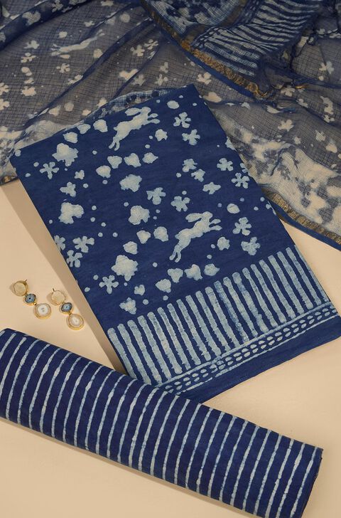 Dark Blue Pure Cotton Dabu Block Printed Unstitched Suit Set