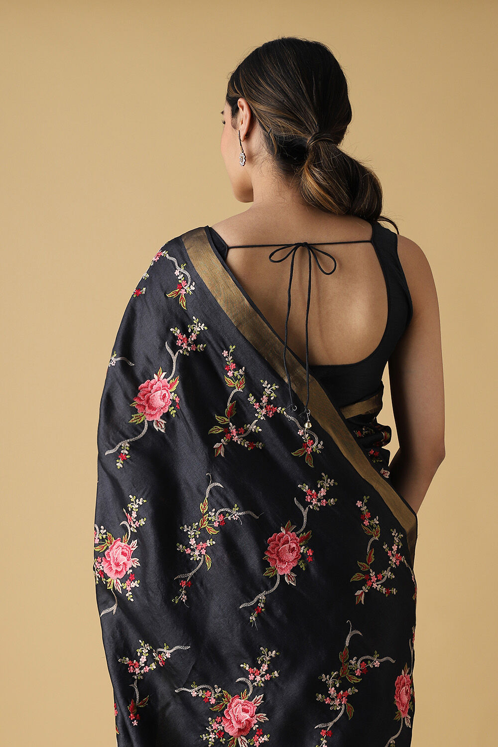 Black Pure Tussar Silk Embroidered Saree image number null
