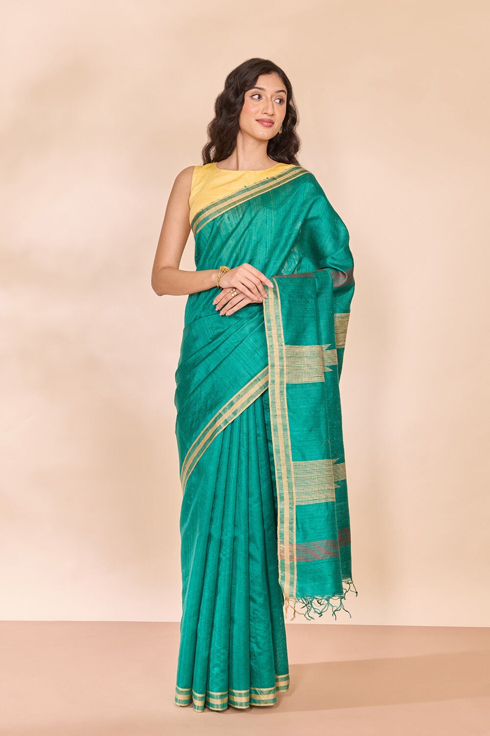 Dark Green Bhagalpur Woven Pure Tussar Silk Saree image number null