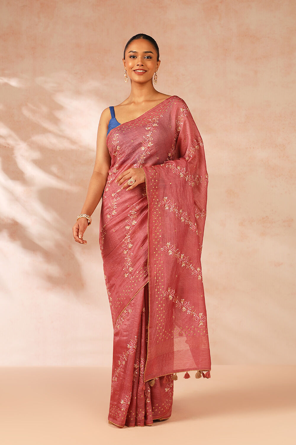 Pink Pure Tussar Silk Embroidery Saree image number null