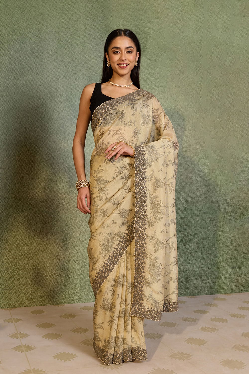Light Green Viscose Tissue Embroidered Saree image number null