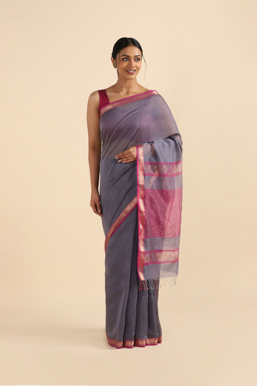 Grey Pure Silk Cotton Maheswari Saree image number null