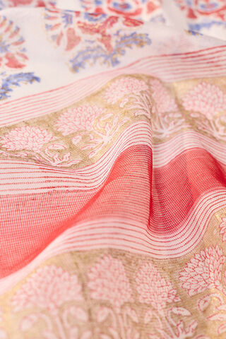Off White Pure Silk Cotton Block Printed Bengal Saree thumbnail image number null