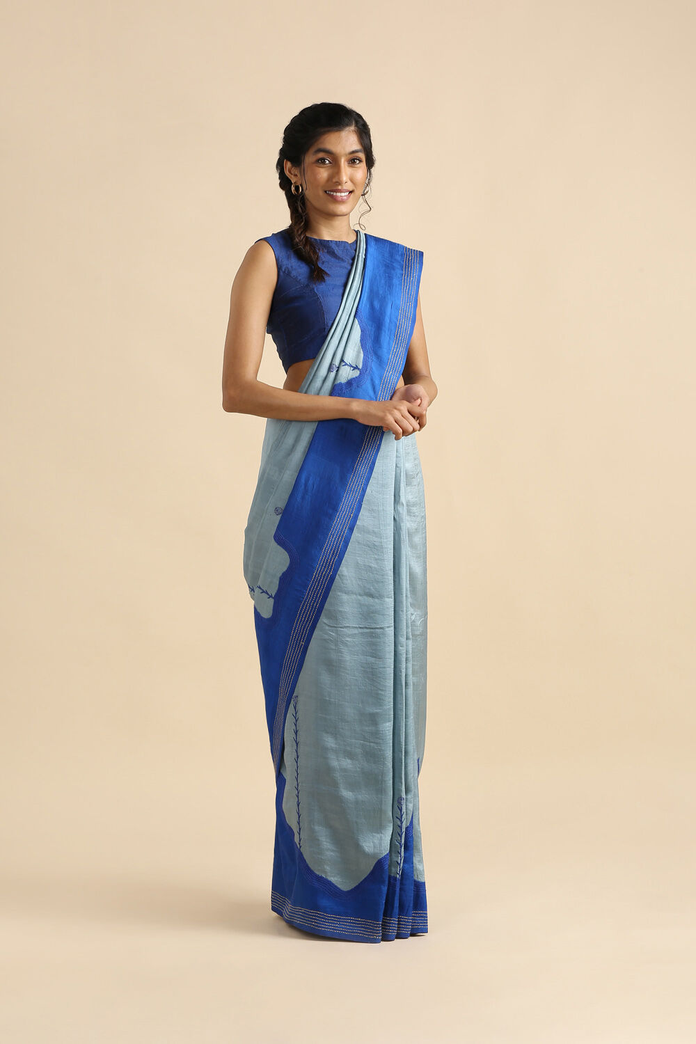 Blue Pure Silk Kantha Saree image number null