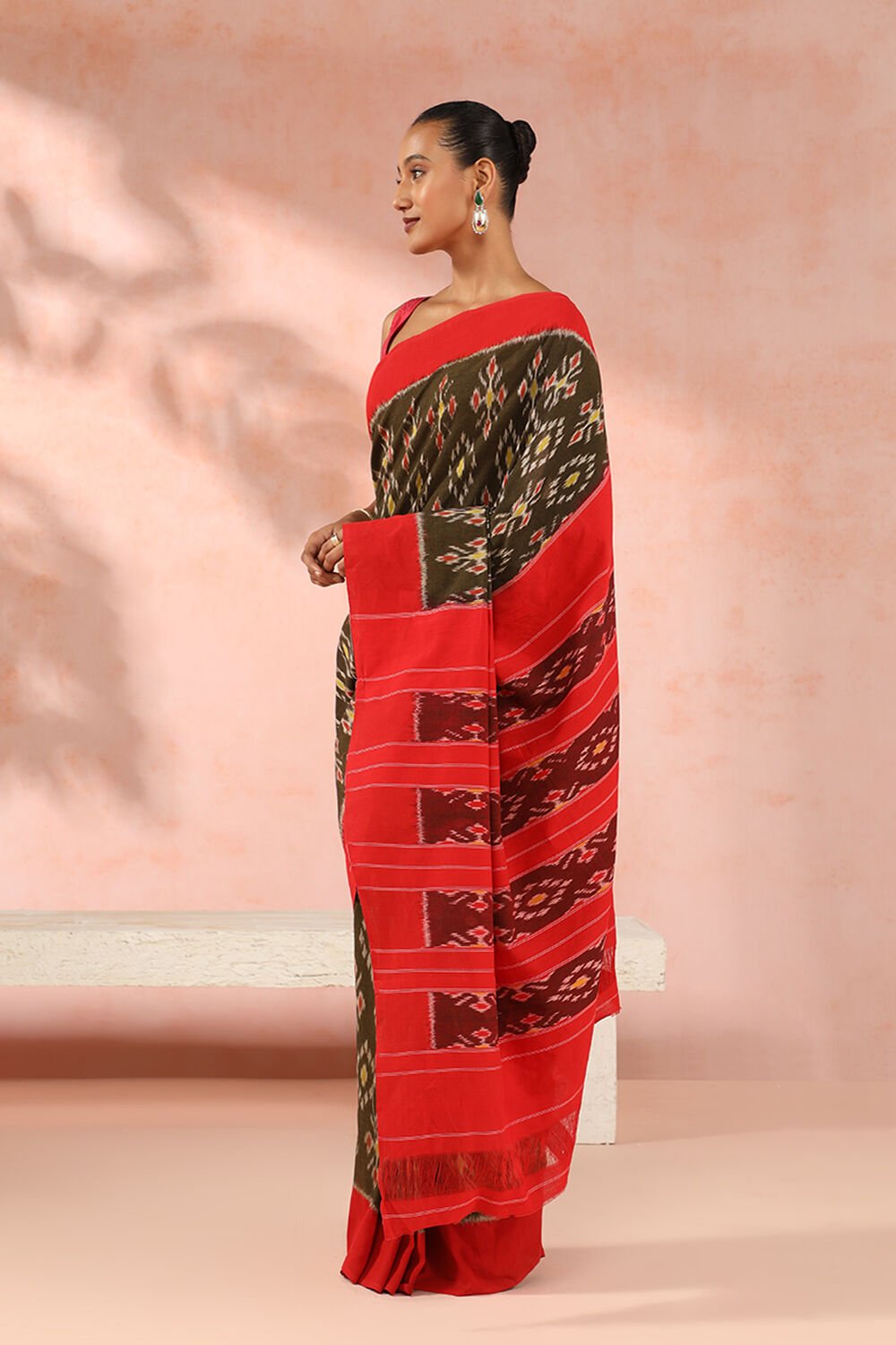 Olive Green Pure Cotton Pochampalli Ikat Saree image number null