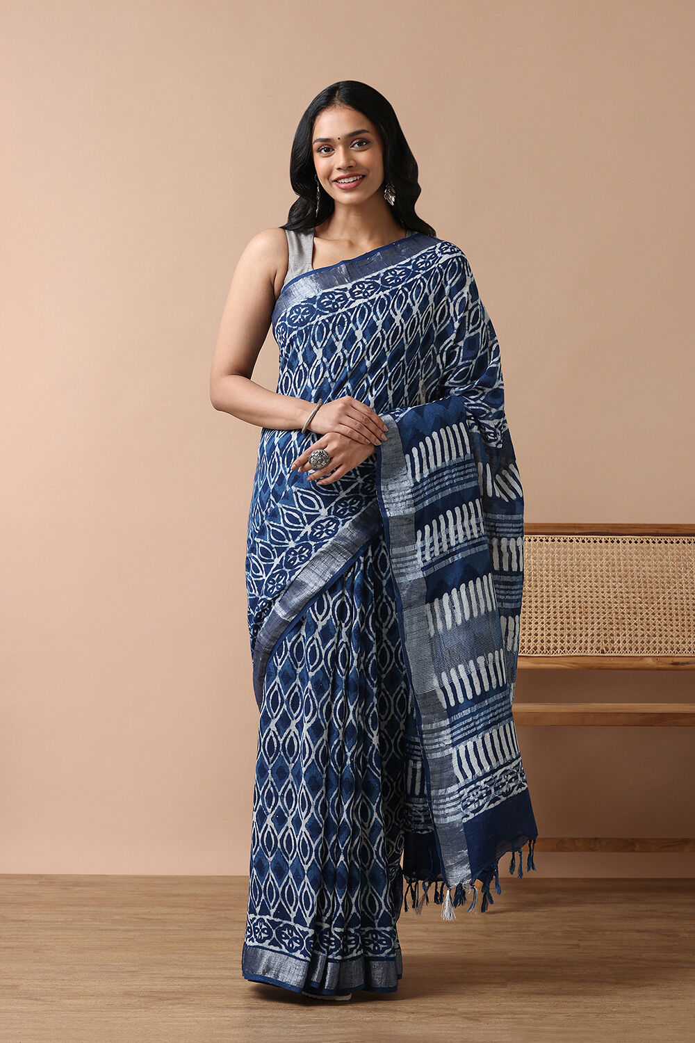 Blue Cotton Viscose Rajasthan Block Printed Saree image number null