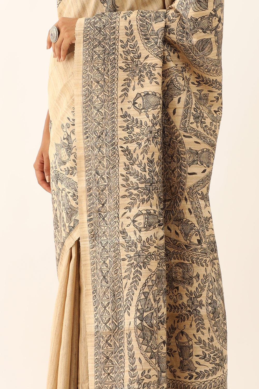 Beige Pure Silk Tussar Hand Painted Madhubani Saree image number null