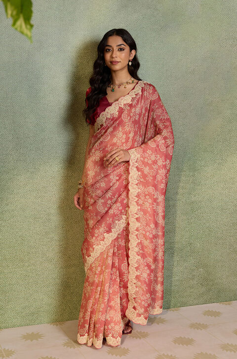 Light Red Viscose Tissue Embroidered Saree