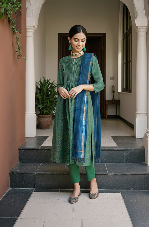 Green Block Printed Pure Cotton Kurta Set