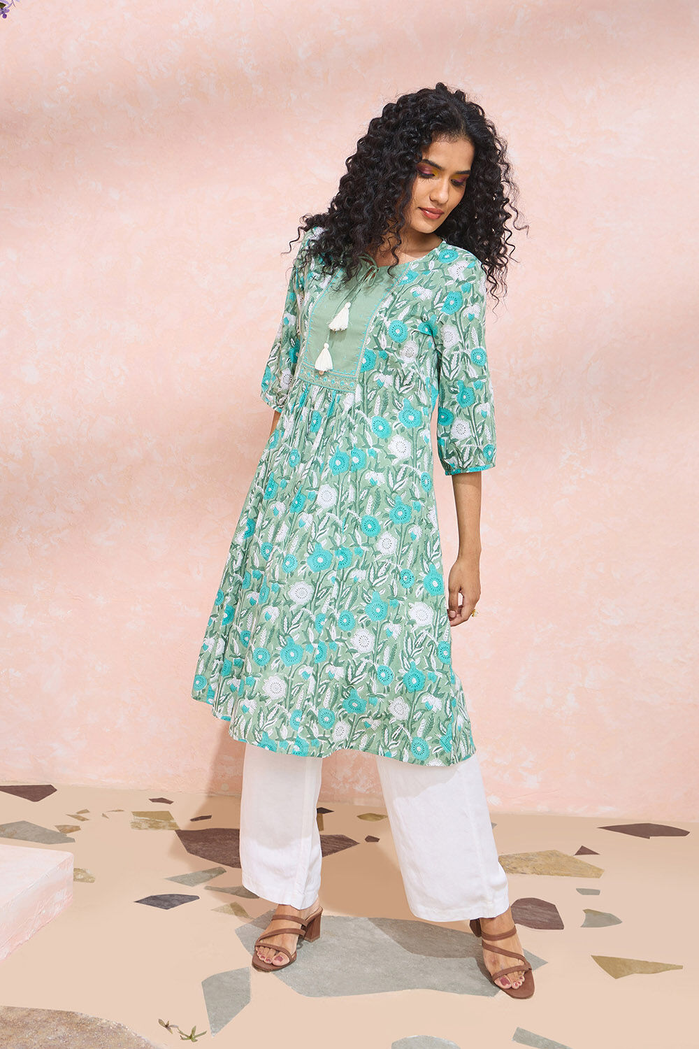 Light Green Printed Embroidery Pure Cotton Kurta image number null